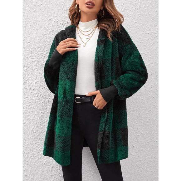 WILA Jackets & Blazers - preppy fuzzy  Buffalo Plaid Hooded Teddy Coat black green